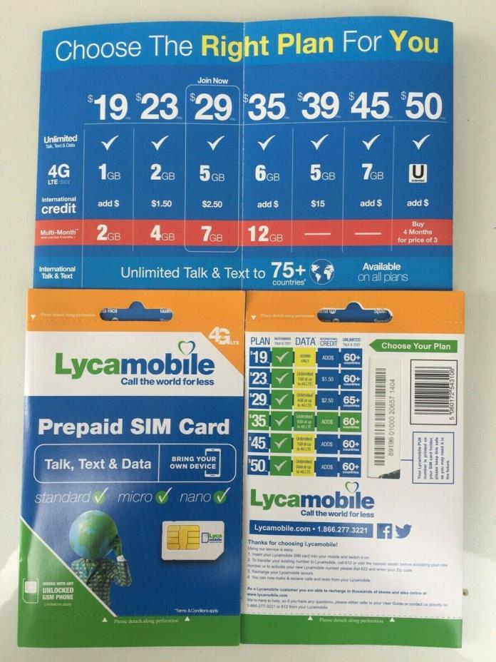 LYCAMOBILE LYCA MOBILE PLUS TRIO PREPAID SIM CARD NANO MICRO STANDARD SIZE