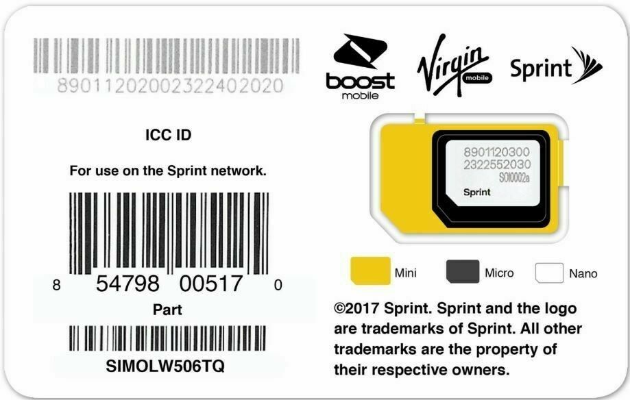 Sprint Sim Card SPRINT BOOST VIRGIN MOBILE SIMOLW506TQ  01.03