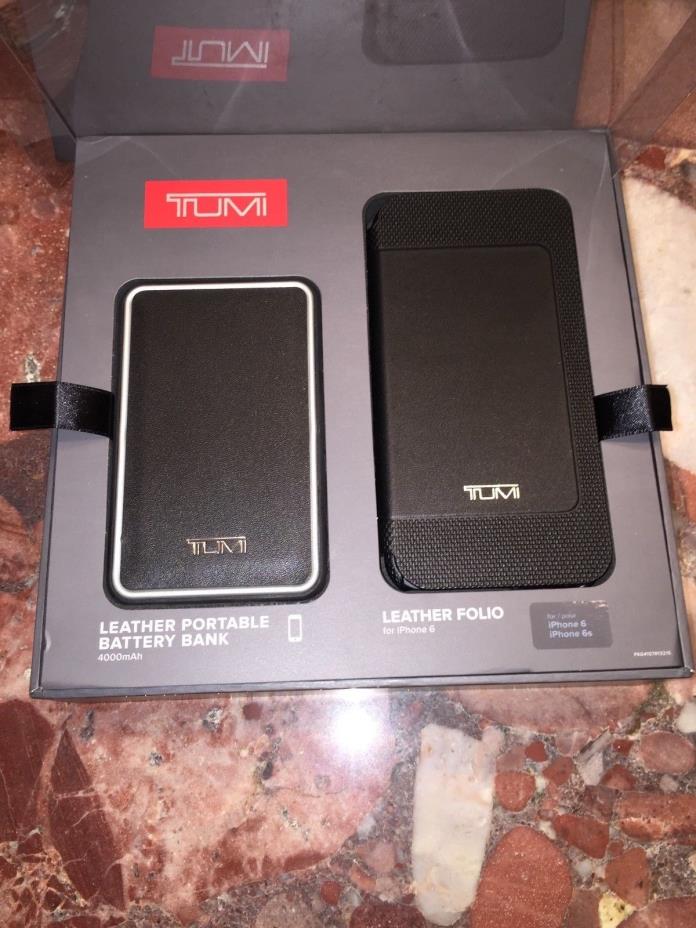NWT TUMI iPhone 6 6S Black Leather Folio Case & Portable Battery Bank Gift Set