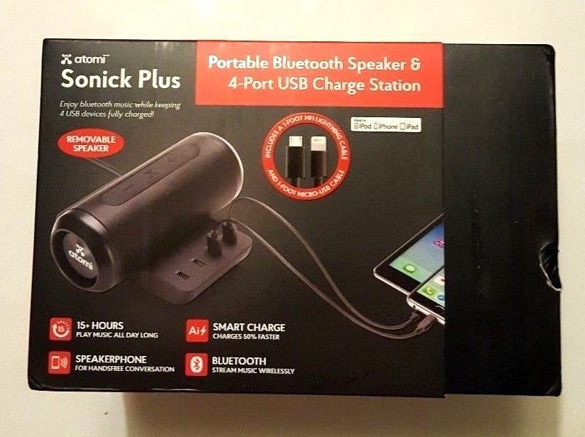 Atomi Sonick Plus Portable Charger Hub with Speaker, Black