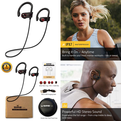 Siretek Bluetooth Headphones Wireless Sport Earbuds W/ Mic IPX7 Waterproof Sweat