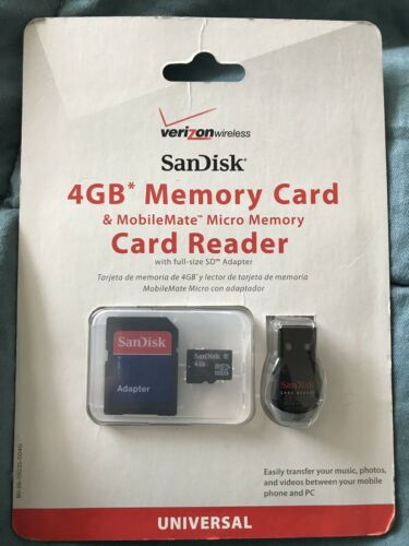 Verizon Sandisk 4GB Memory Card and MobileMate Micro Memory Card Reader- NEW
