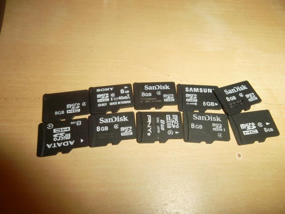 Lot of 10 Used 8GB MicroSD Micro SDHC Memory Cards - Mixed Brands - All Working