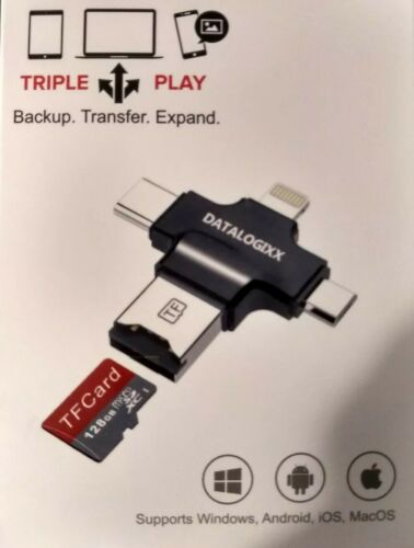 Datalogixx Triple Play Lightning, USB, USB-C, Micro USB 128GB Backup Card