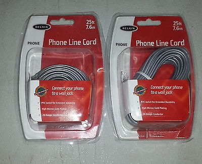 LOT OF 2 NEW SILVER Belkin Model F8V100-25 25ft. Phone Line Cord Cable M-M RJ-11