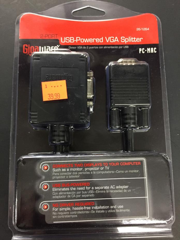 Gigaware 2-Port USB Powered VGA Splitter 26-1264, 2601264 NEW & SEALED