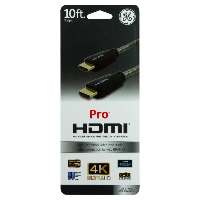 GE Pro HDMI Cable, 10ft., High Speed With Ethernet, Gold Connectors - Black