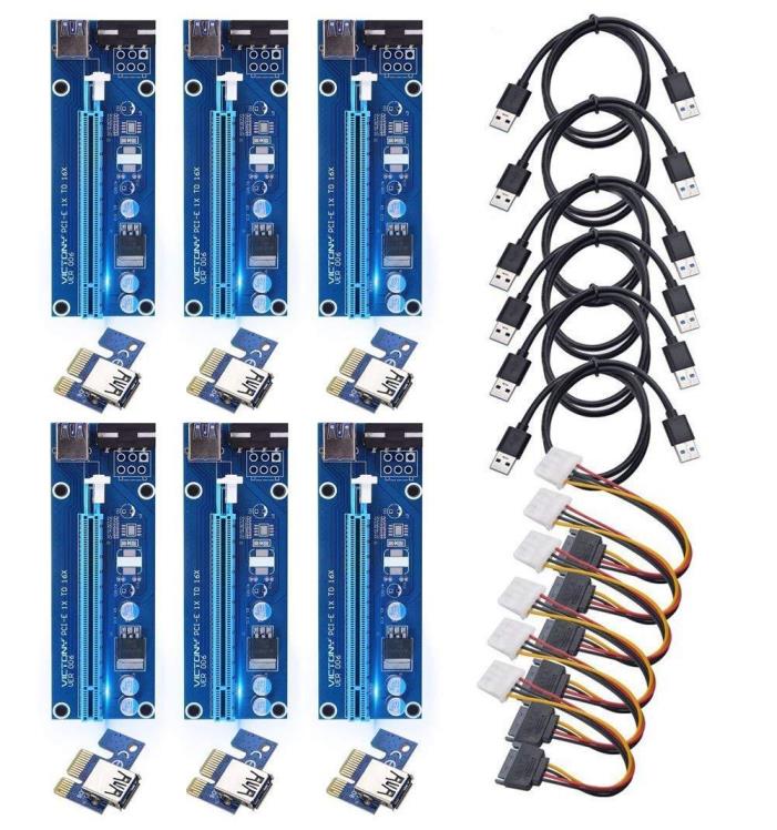 VICTONY 6-Pack 4 Pin PCI-E 16x to 1x Powered Riser Adapter Card w/ 60cm USB 3.0