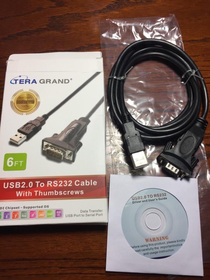 Tera Grand USB 2.0 to RS232 Serial DB9 6' Cable FTDI Win10 - w/ Male Thumbscrews