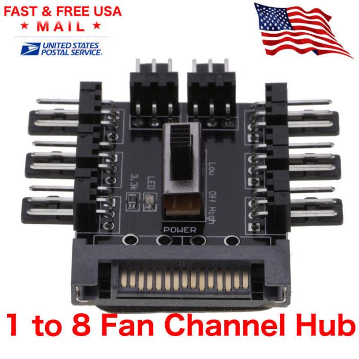 Fan 1 to 8 Channel Hub 12V 3Pin Power Supply Splitter Adapter PC Fan with LED