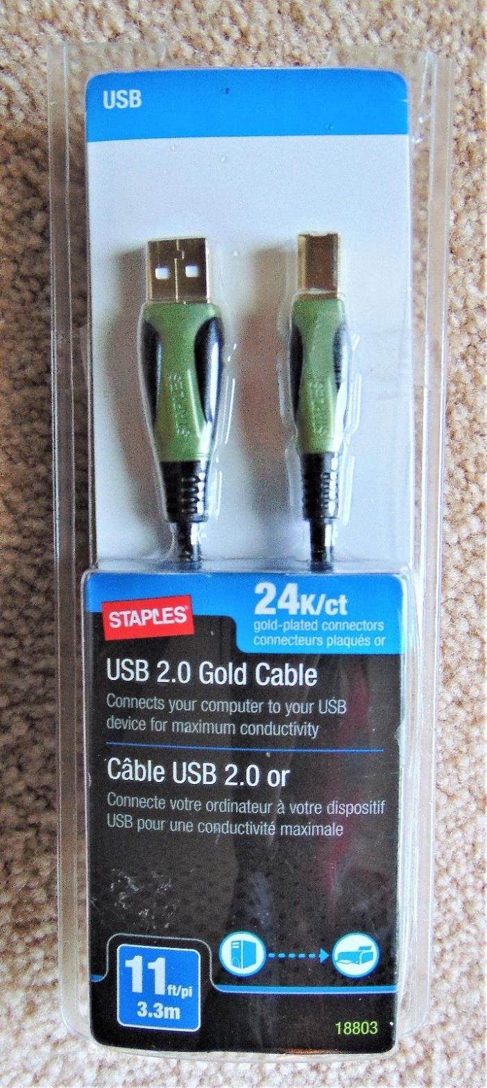 NEW Staples USB 2.0 Gold-Plated Cable - 11 ft - Connects Computer to USB Device