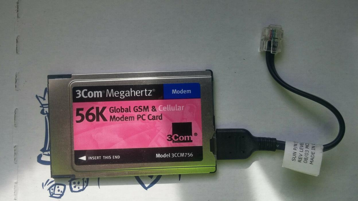 ONE (1) 3Com Megahertz 56K GSM & Cellular Modem PC Card 3CCM756
