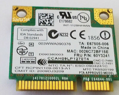 HP 572520-001 Intel WiFi Link 1000 112BNHMW bgn PCIe Half 60Y3240 60Y3241