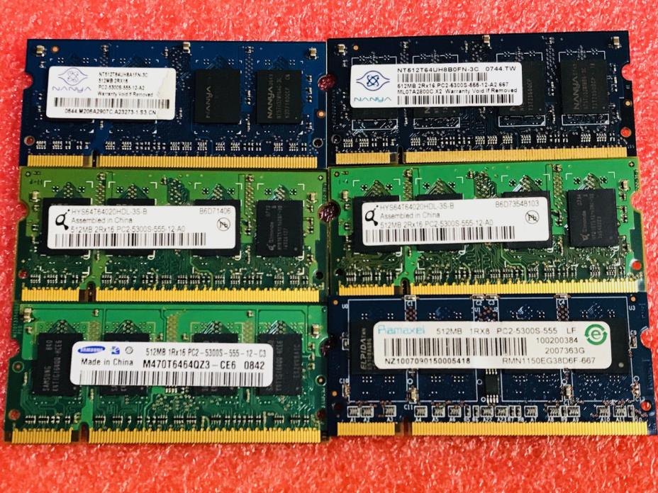 512 mb (6 x 512mb) PC2-5300s DDR2 Memory RAM different brand
