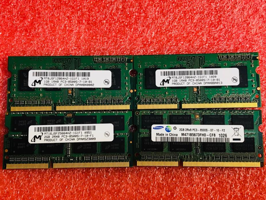 Lot of 4 MT - SAMSUNG 1GB PC3-8500S DDR3 RAM SODIMM laptop memory; 1Rx8