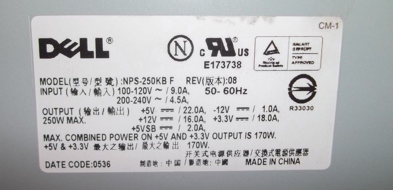 Dell NPS-250KB F Desktop Power Supply 250 Watt