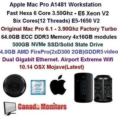 Apple Mac Pro 6,1 Hexa 3.50Ghz/3.90Ghz Xeon 64GB Ram 500GB SSD Mojave OSX 10.14