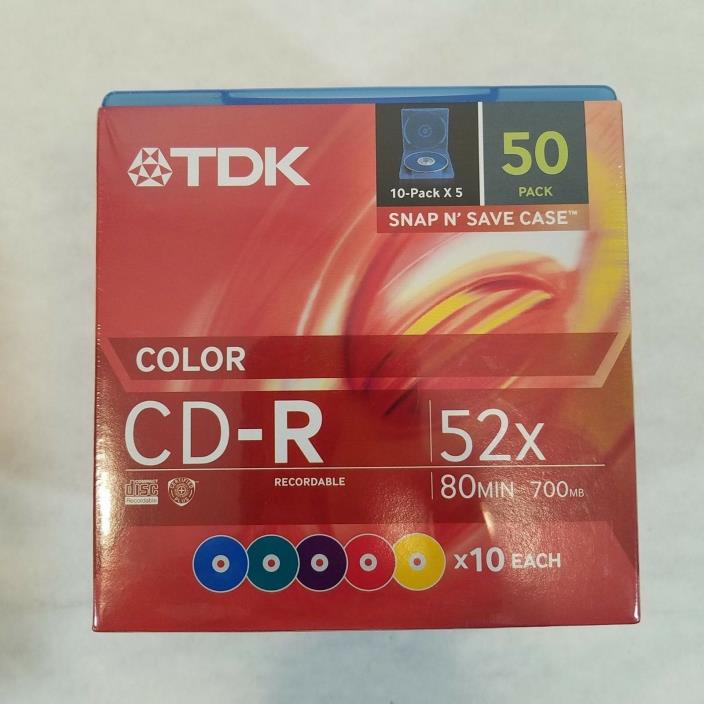 TDK CD-R 50 pack 52x 80 MIN 700MB Snap N' Save Color Case NIP