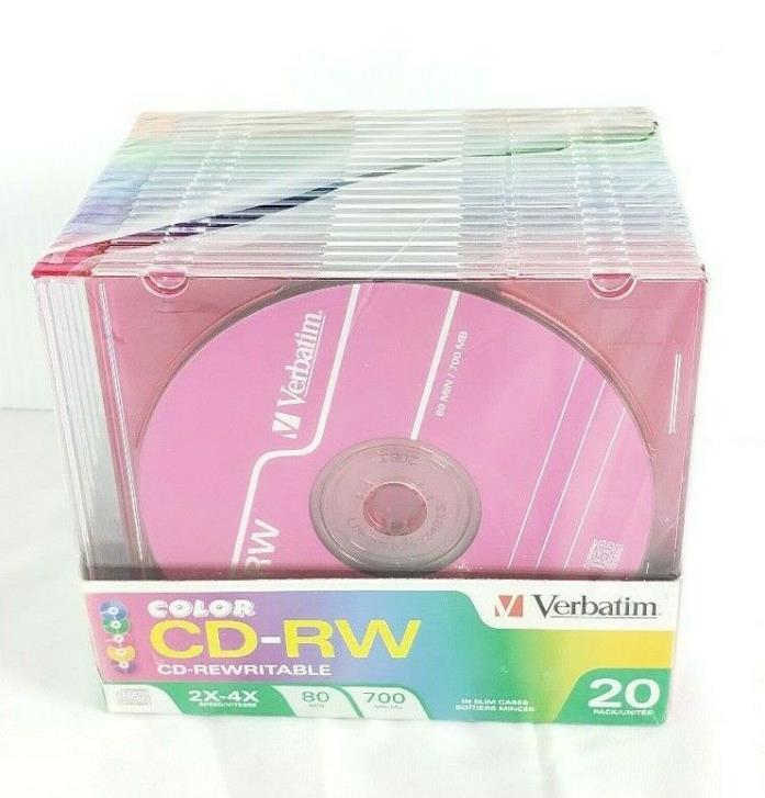 Verbatim CD-RW Discs 700MB/80min 4X Slim Jewel Case Assorted Colors 20/Pack NEW