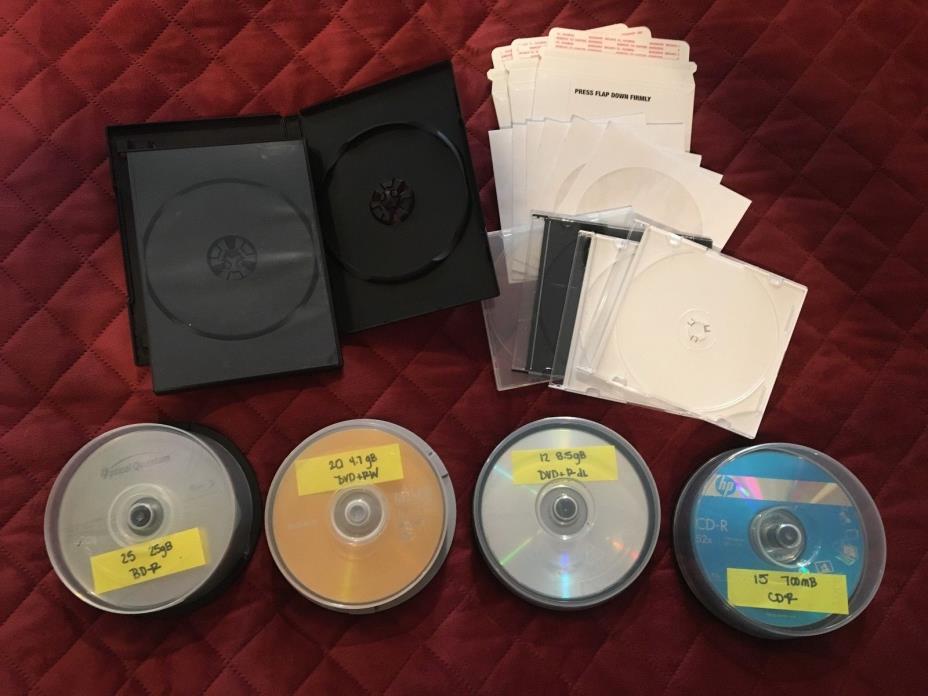 Lot of BD-R, DVD+RW, DVD+R DL, CD-R, Cases, Slips, and Shipping Envelopes
