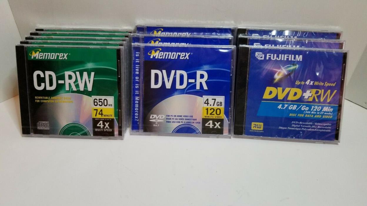 5 Memorex CD-RW CDs + 3 Memorex DVD-R + 3 Fujifilm DVD+RW New Sealed (E42)