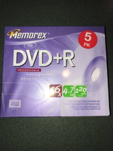 New Memorex 5 Pack DVD+R. 16X 4.7GB 120 Minutes Jewl Case