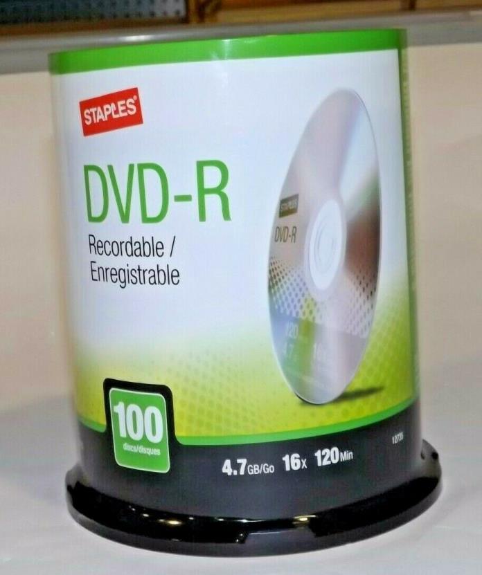 Staples 100/Pack 4.7GB 16X 120 Min DVD-R Spindle Sealed Package