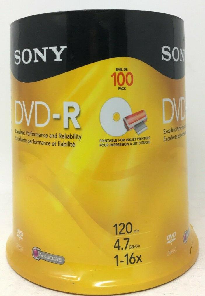 New Sony DVD-R 16x Recordable DVD 4.7GB - 100 Disc Spindle