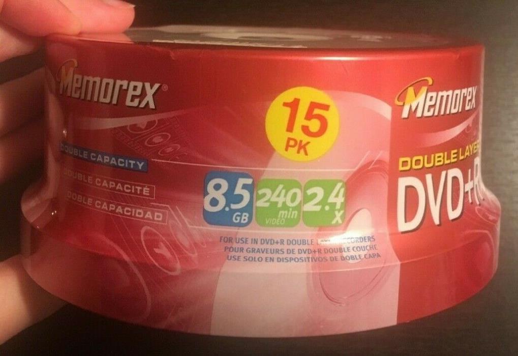 NEW SEALED MEMOREX 15 PACK DOUBLE LAYER DVD+R DL 8.5 GB 240 MINUTES BLANK DISCS