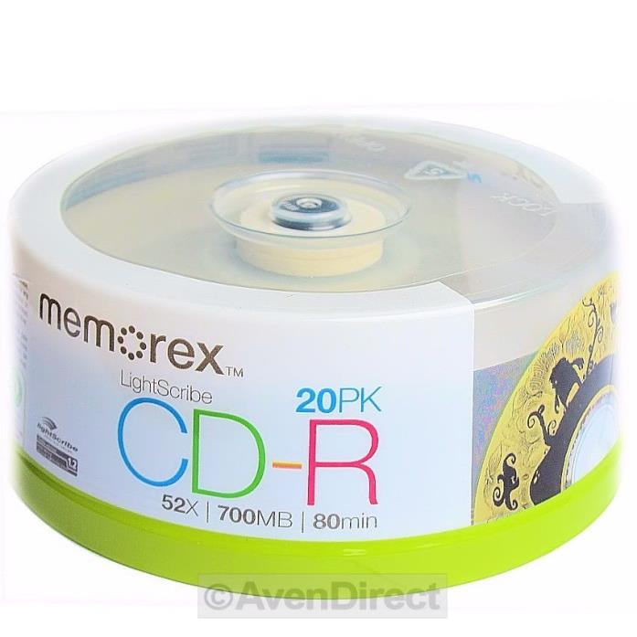20 Pack Memorex 52X Lightscribe v1.2 Gold Top 700MB CD-R [FREE Priority Mail]