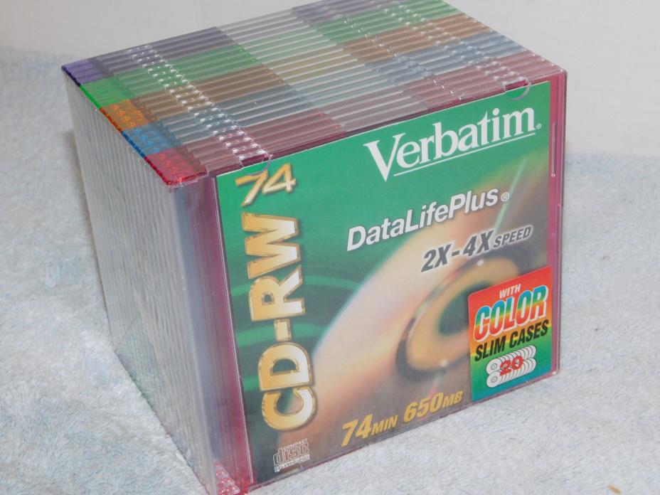 Verbatim CD-RW Discs 650MB/74 min 4X Slim Jewel Case Assorted Colors 20/Pack