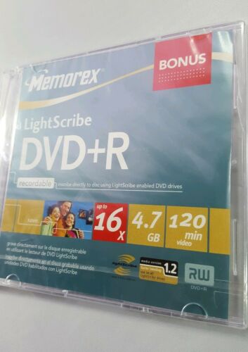 Memorex LightScribe DVD+R 16X 4.7GB 120 min 1per Pack New in Slim Package