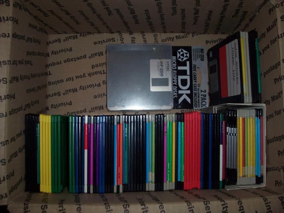 Lot of 90 used 3 1/2 floppy disks games utilities, some unused blank, IBM