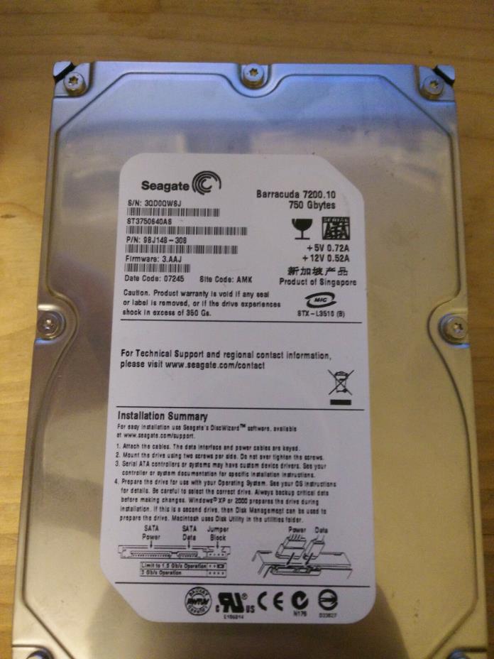 Seagate Barracuda 7200.10 750GB ST3750640AS 9BJ148-308 07245 AMK TESTED DONOR
