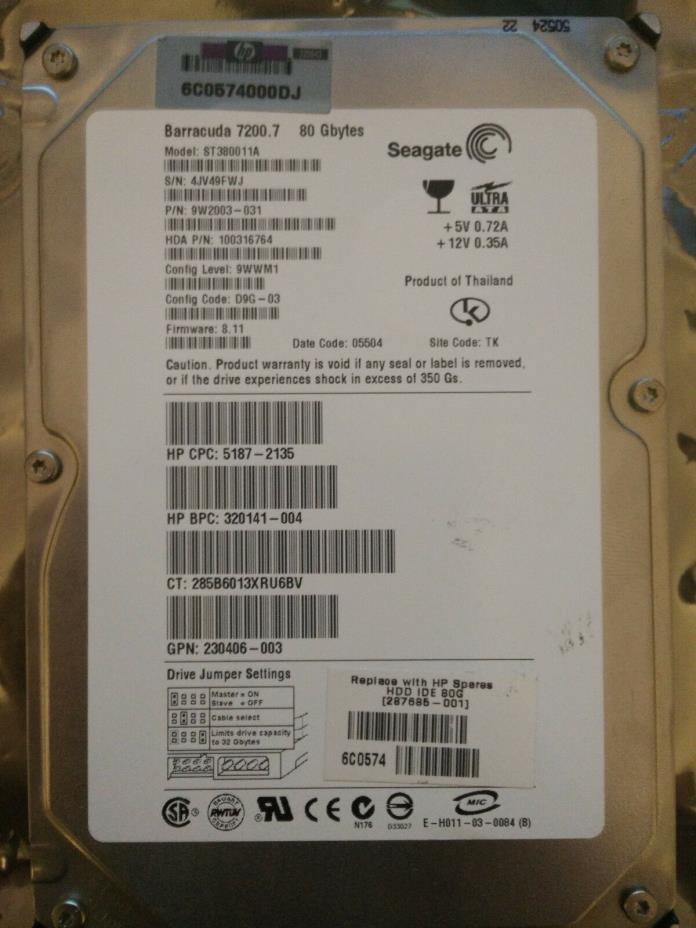 Seagate 80GB ST380011A 4JV49FWJ D9G-03 8.11 05044 Thailand TK .259 4JV49FWJ