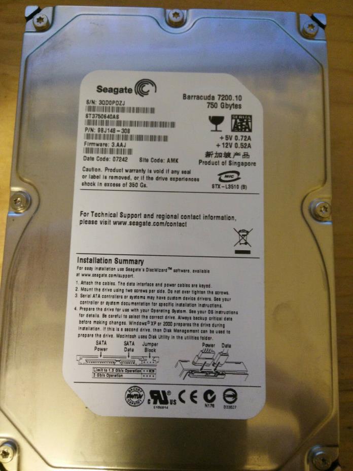 Seagate Barracuda 7200.10 750GB ST3750640AS 9BJ158-308 07242 AMK TESTED DONOR