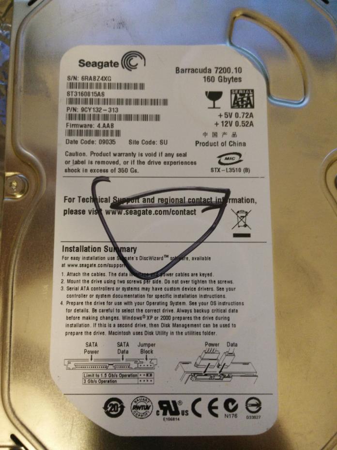 Seagate Barracuda ST3160815AS 7200.10 4.AAB NHAWK2HD S-LE .0DT 100470387 REV B