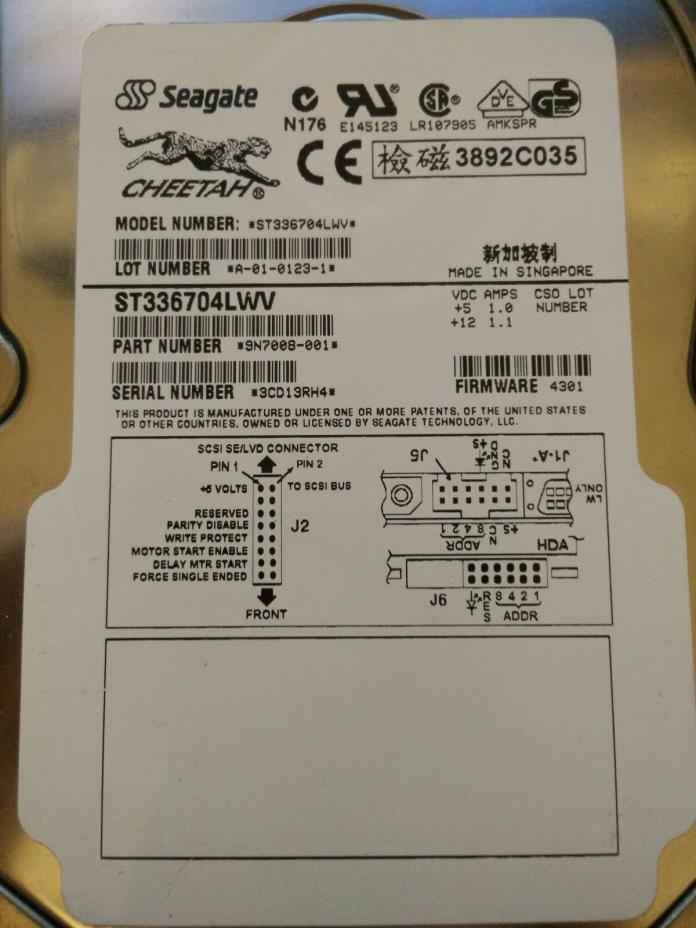 Seagate Cheetah 35GB ST336704LWV SCSI SINGAPORE 10019228 REV A 4301 9N7008001