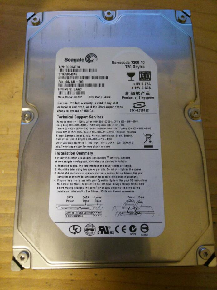 Seagate Barracuda 7200.10 750GB ST3750640AS 9BJ148-300 06491 AMK SINGAPORE DONOR