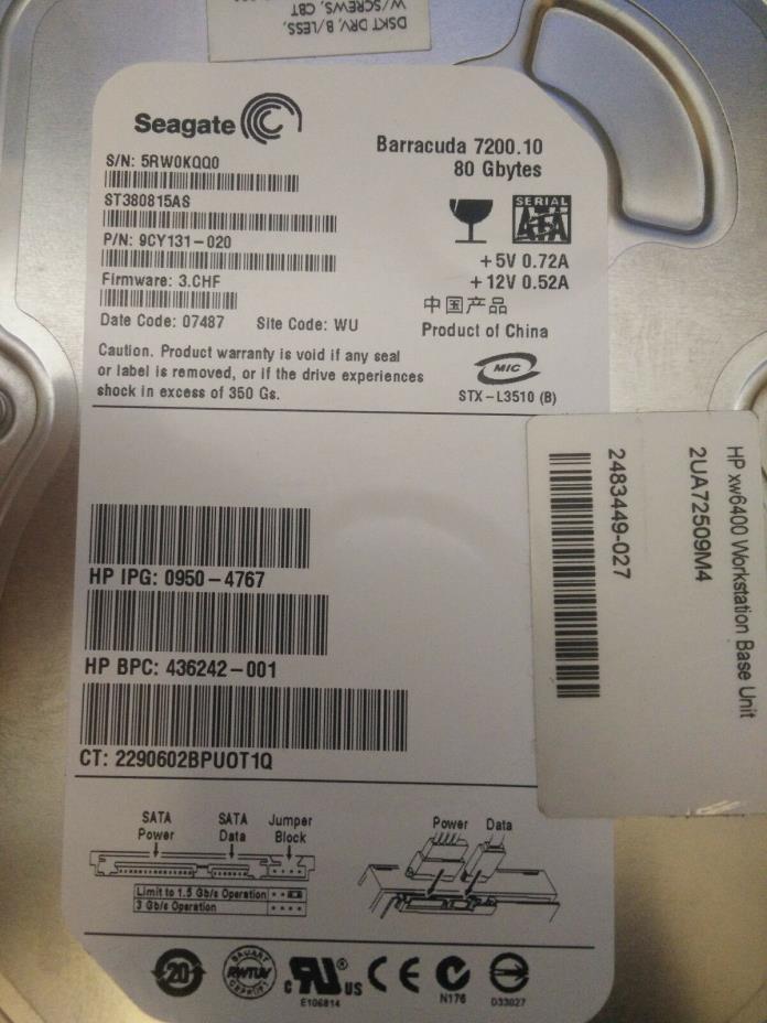 Seagate 80GB ST380815AS 9CY131-020 SN 5RW0KQQ0 3.CHF 07487 WU .1C4 TESTED NHAWK