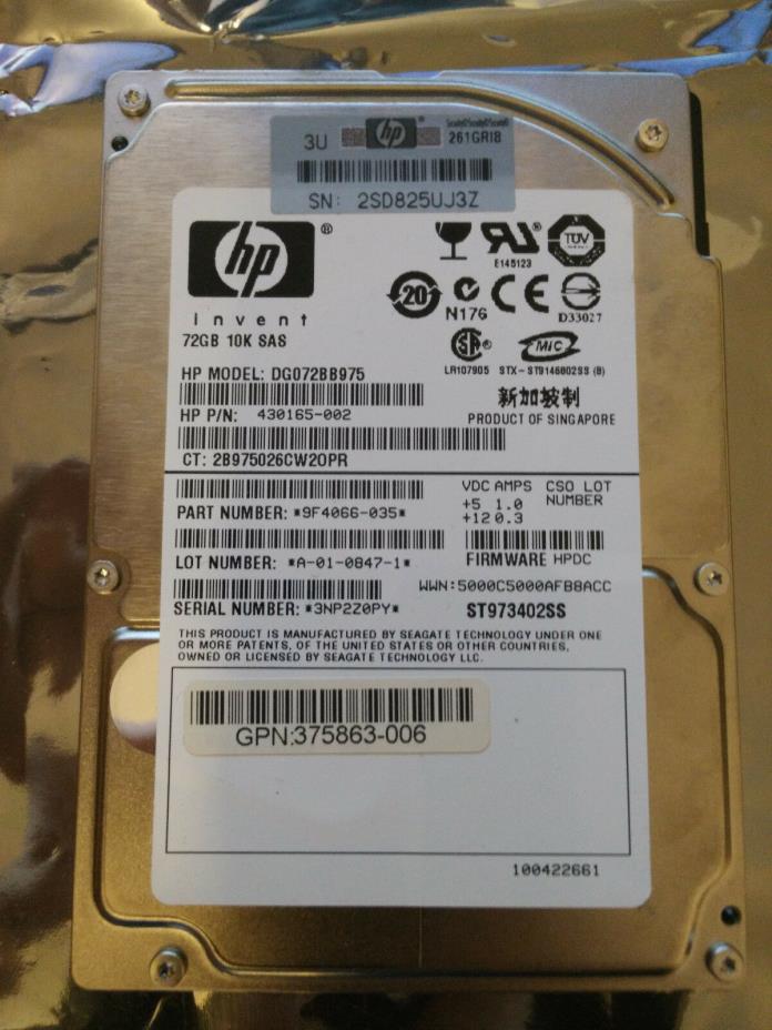 HP DG072BB975 ST973402SS 72GB 10K SAS 430165-002 9F4066-035 HPDC A0108471