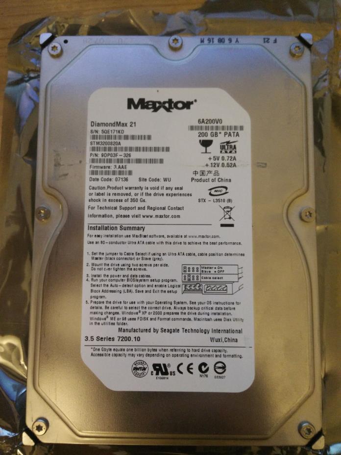 Maxtor DiamondMax 21 STM3200820A 200GB PATA TESTED DONOR 07136 WU 9Dp03F-326