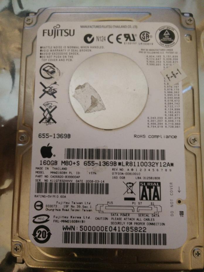 Fujitsu MHW2160BH 160GB MHW2160BHPL 0081001C Thailand 2008-03-14 CA06820-B39900A