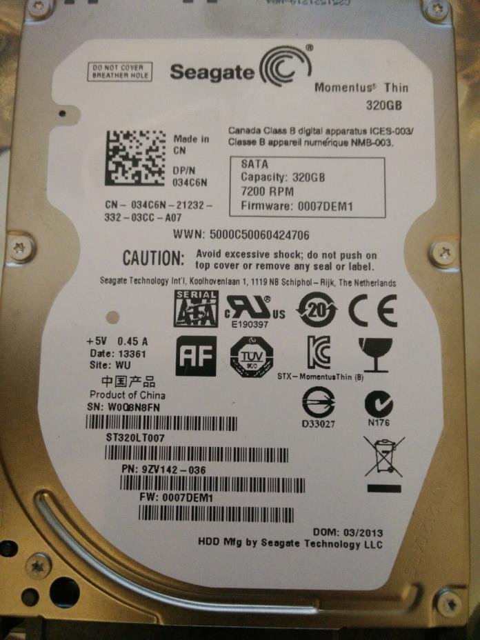 Seagate 320GB 7200RPM ST320LT007 9ZV142-036 0008DEM1 03 2012 WU CHINA 100654403