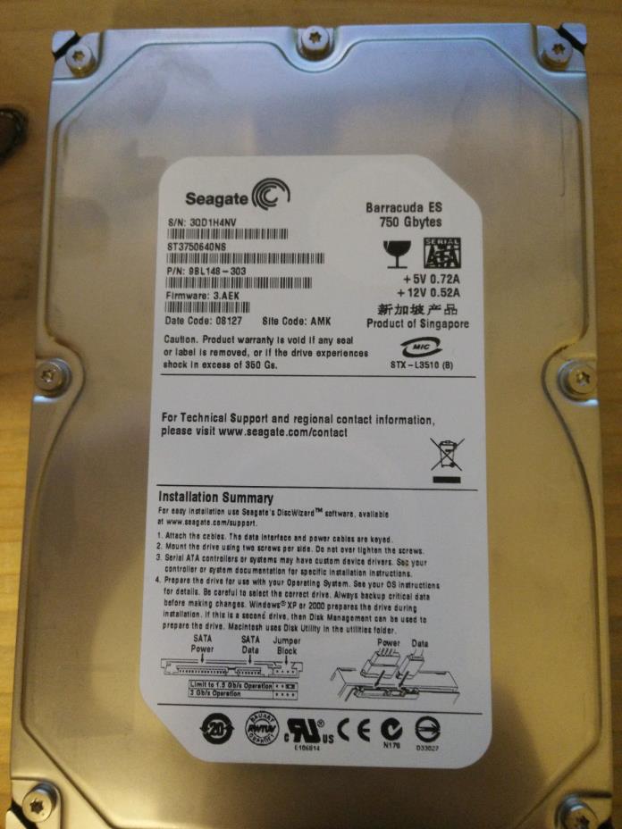 Seagate Barracuda ES 750GB ST3750640NS AMK 08127 9BL148-303 TESTED DONOR