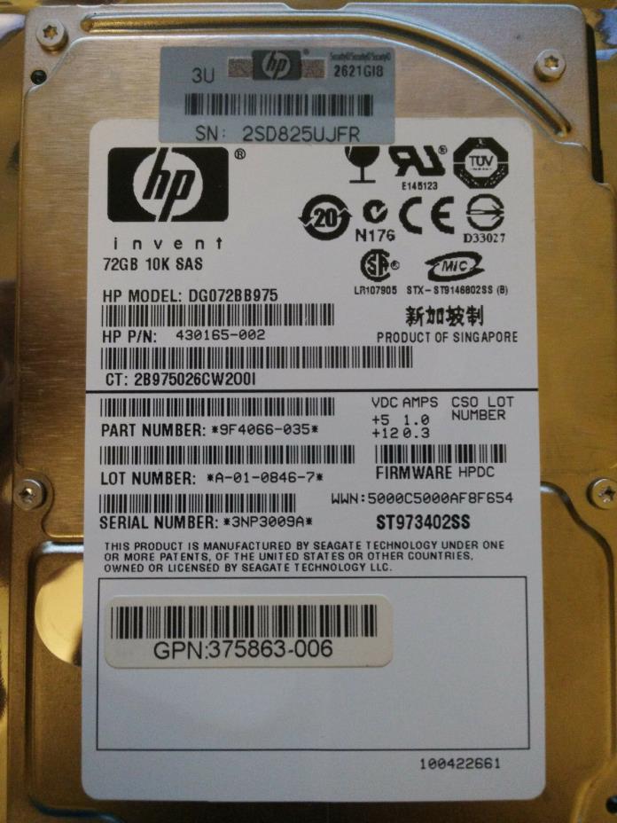 HP DG072BB975 ST973402SS 10K SAS 430165-002 9F4066-035 HPDC A0108467 SINGAPORE