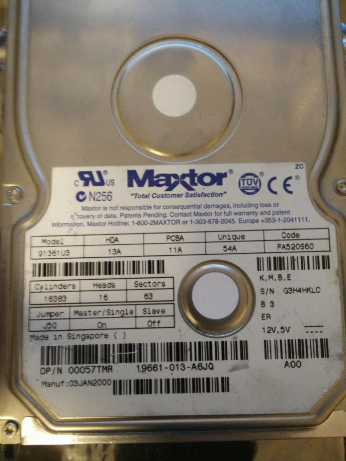 Maxtor 91361U3 FA520S60 KMBE JAN 2000 SINGAPORE 301262101 13A,11A,54A 00057TMR