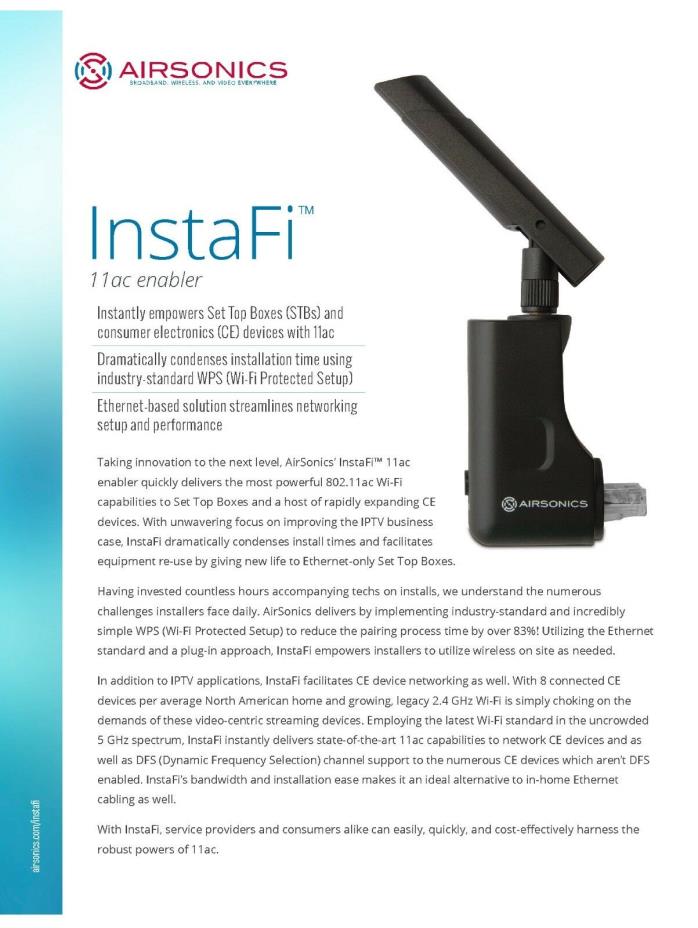 Ethernet to Gigabit WI-FI adapter Airsonics InstaFi 11ac Enabler
