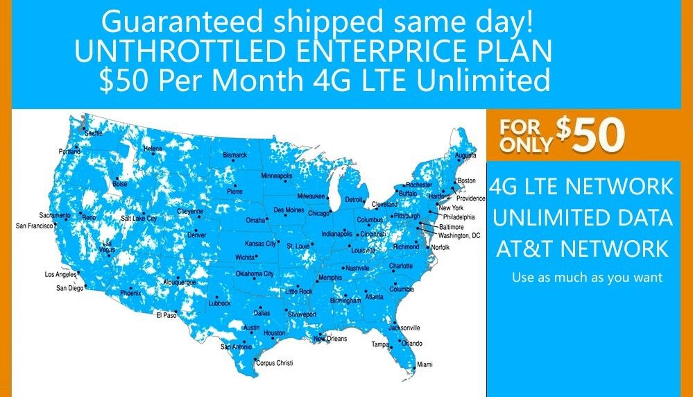 4G LTE ATT Unlimited HOTSPOT Data $50 UNTHROTTLED NO CAPS TRULY ENTERPRISE PLAN