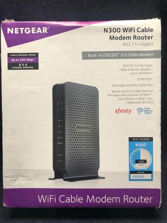 Netgear N300 Wi-Fi Cable Modem & Network Router Model: C3000-100NAS Ships Today